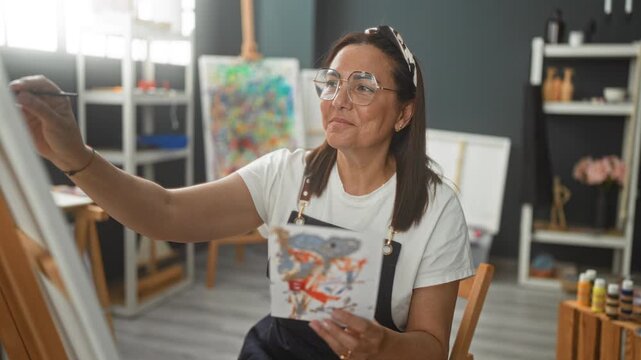 Woman painter holding a reference sketch and paintbrush, painting at an easel in a bright art studio, wearing apron and glasses; serene focus.