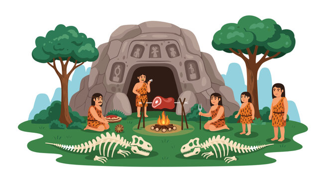 Tribe of cavemen gathered around a campfire roasting meat near their cave entrance with dinosaur skeletons on grass.