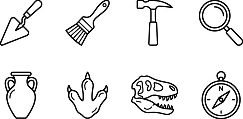 Paleontology Tools and Fossils in Silhouette Against a White Background © MDMOJIBAR