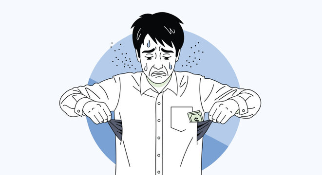 Worried and sad sweating businessman pulling out empty trouser pockets showing lack of money and financial failure.