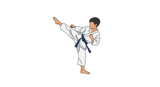 Young boy wearing a white gi and a blue belt performs a high kick in a karate class on a white background.