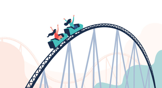 Excited young women enjoying a thrilling roller coaster ride, high speed amusement park attraction vector illustration.