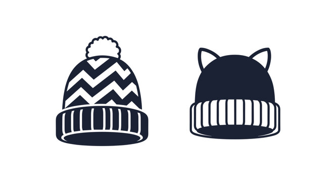 Two dark blue winter beanie hats icons including classic zigzag pattern with pompom and cat ears design, vector.
