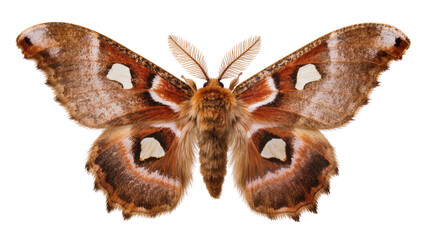 Brown moth with white eye spots on wings and feathery antennae © Peregrine