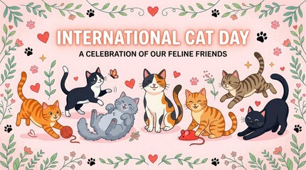 Fototapeta premium International cat day illustration festive feline friends celebrating with hearts toys and paw prints