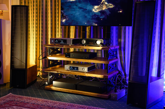 Moscow, Russia - October 20, 2024: Martin Logan Classic floorstanding speakers, Aurender N200 music, Java Hi-Fi Double Shot integrated amplifier, B.Audio B.dpr EX, Aurender A200 
