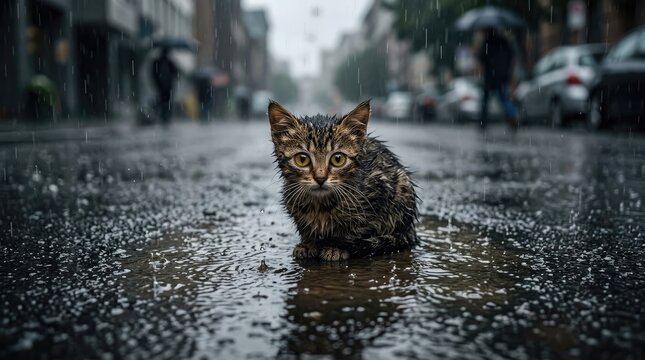 Saddened tabby cat on cat day wet kitten in urban rainstorm reflecting city street