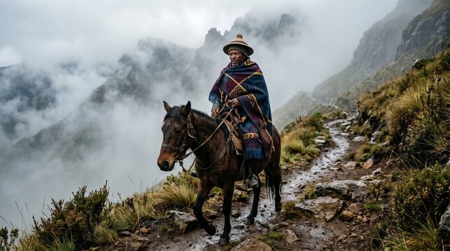 Basotho Horse Rider Wearing Traditional Blanket Along Misty Mountain Highland Trail