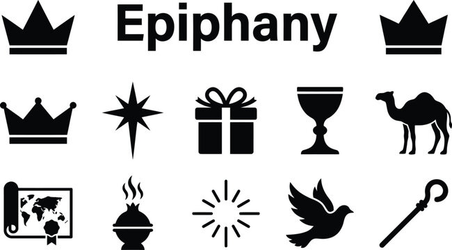 Black and white epiphany icons set with crowns, star, gifts, and religious symbols