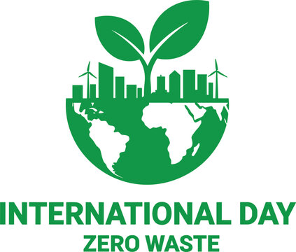 International Day of Zero Waste emblem badge with green planet earth city skyline wind turbines and plant sprout vector