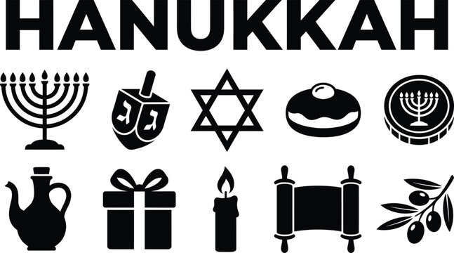 Hanukkah celebration icons set with menorah dreidel sufganiyot and jewish symbols