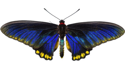 Blue and yellow butterfly with black wings and red head © Peregrine