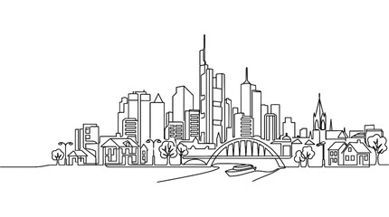 Fototapeta premium Minimal Urban Landscape Continuous One Line Drawing City Skyline with Modern Buildings Simple Black Outline Vector Illustration