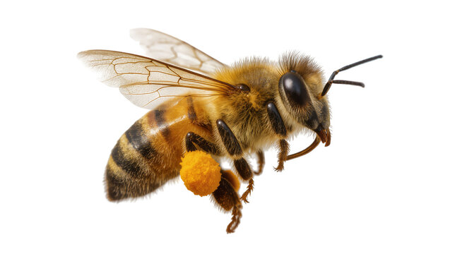 Honey bee with pollen basket on leg flying
