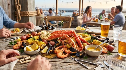 Obraz premium Friends eating seafood boil at outdoor restaurant. Group enjoying crab legs and beer dinner.