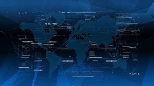 A hi-tech news background with Earth map and futuristic HUD elements on a seamless loop. 4K