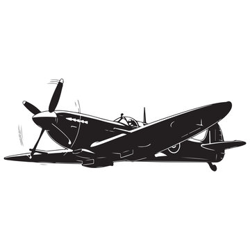 Vintage propeller fighter plane vector illustration with black and white silhouette for military history and aviation design