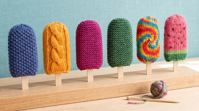 Concept cr&eacute;atif d'art textile montrant un assortiment de glaces en fil de laine fait main
