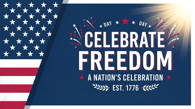 American Independence Day graphic with United States flag stars and stripes, patriotic fireworks design, and text celebrating freedom and nationhood in 1776