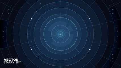 Concentric circles and scattered stars form a dark blue vector illustration of a starry sky astronomy celestial © Rana
