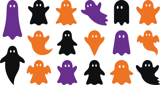 Halloween vector bundle 15 spooky ghost icons in purple black and orange