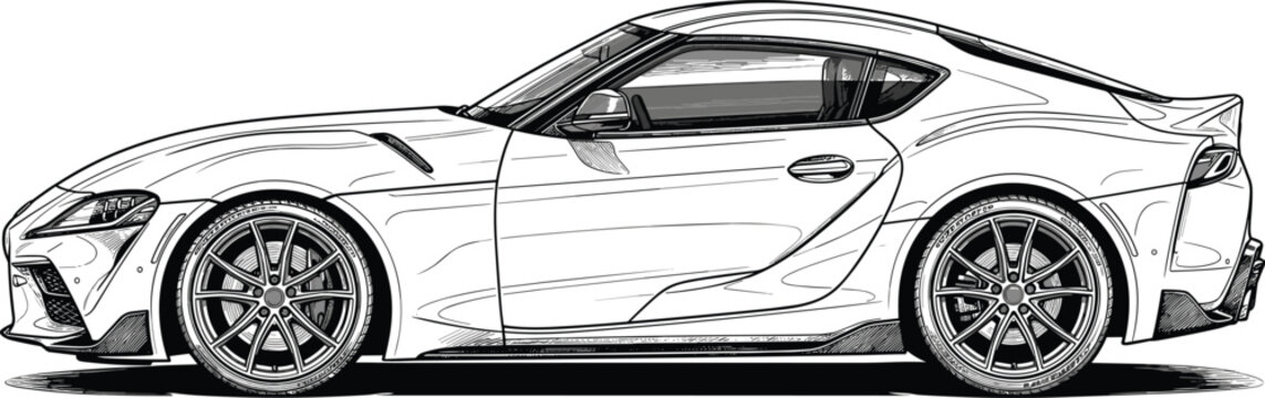 Modern sports car side view vector illustration sketch detailed linear line art graphic design vehicle profile
