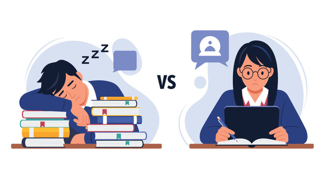 Exhausted male student sleeping on a stack of books compared to a focused girl studying online with a laptop at her desk.