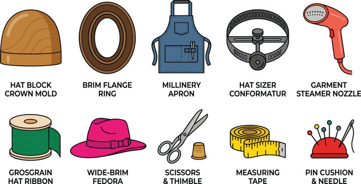 Traditional Millinery and Hat Making Workshop Tools Vector Icon Set with Hat Block Flange Conformatur Steamer and Fedora