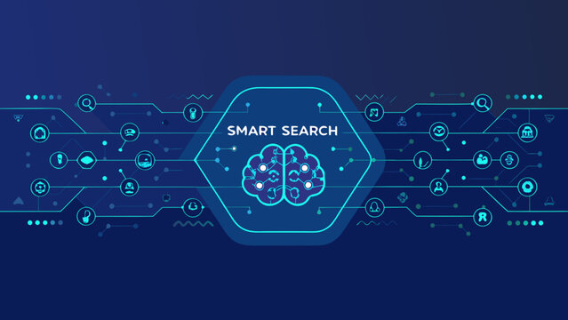 Smart search concept with brain shaped network of flat icons on a dark blue background artificial intelligence