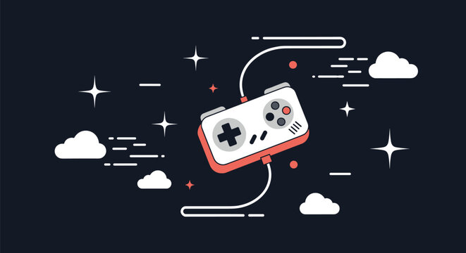 Vintage video game controller floating in space among stars, clouds, and decorative lines on a dark background.