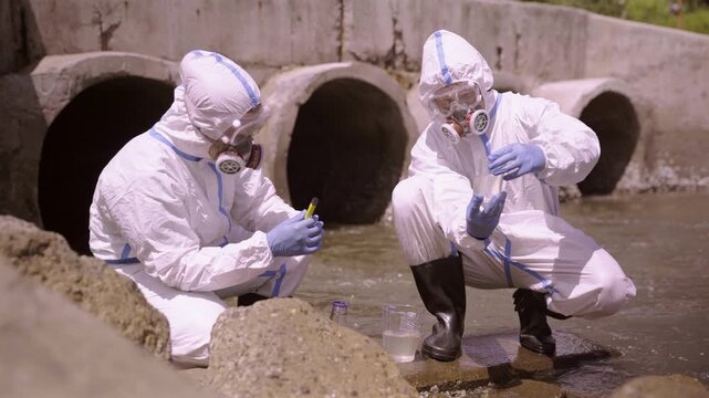 Scientists testing wastewater samples with strip at drainage culvert