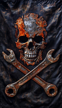 immagine di una classica bandiera pirata ma il teschio &egrave; arrugginito e ha chiavi inglesi al posto delle ossa, image of a classic pirate flag but the skull is rusted and has wrenches instead of bones