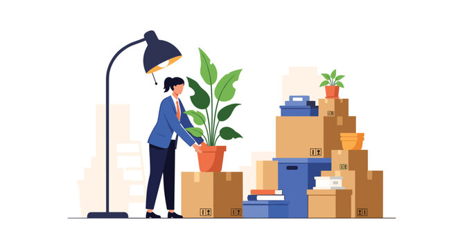 Businesswoman unpacking her stuff and arranging a green potted plant on a cardboard box in the new office.