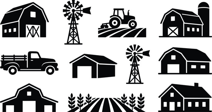 Farm silhouette vector icon set bundle featuring black graphic shapes for traditional barns windmills tractor in field pickup truck garage and cultivated crop lines
