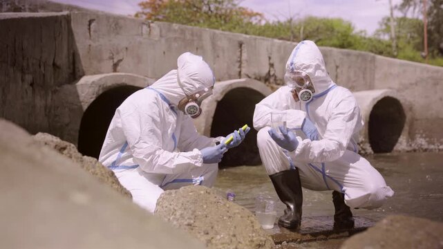 Scientists testing wastewater samples with strip at drainage culvert