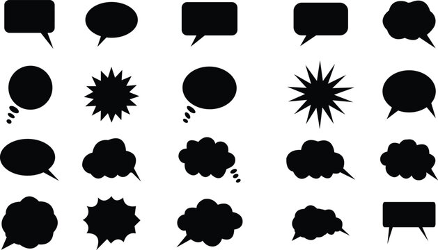 Assorted Black Speech Bubbles and Thought Bubbles with Starburst Shapes Vector Illustration Assorted black speech bubbles and thought clouds. isolated on transparent background