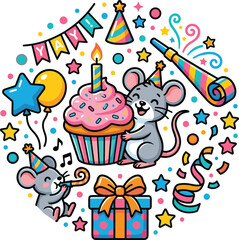Naklejka premium Cute Mouse Birthday Party Circle Design with Cupcake, Balloon, Gift Box, Party Hat, Confetti, and Stars for Kids Celebration Designs