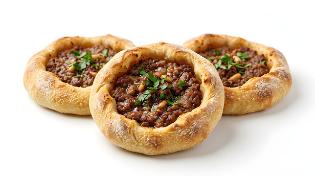 Three Traditional Middle Eastern Sfiha Meat Pies with Pine Nuts Isolated on White