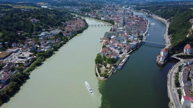Aerial Passau, Germany: confluence of Danube, Inn and Ilz rivers