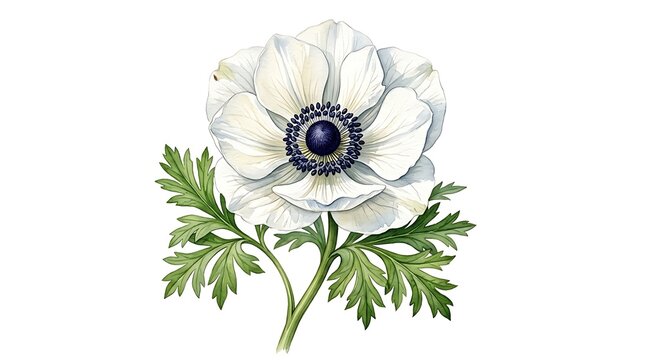 White anemone flower illustration. Hand painted botanical art isolated on white background.