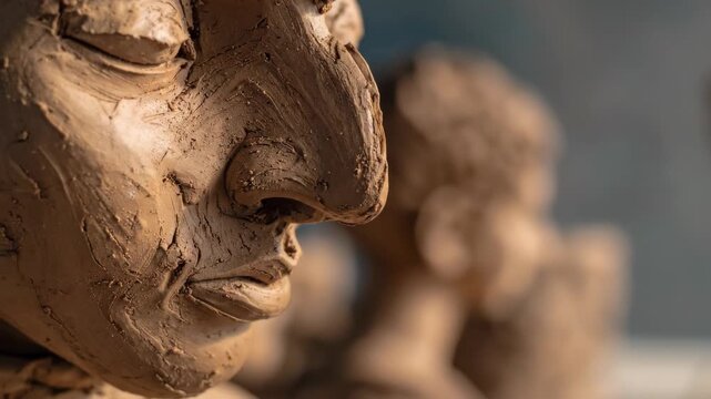 Close-up of Artistic Clay Sculptures of Human Faces.