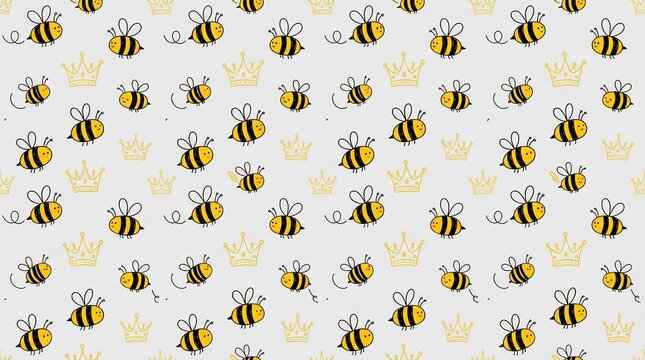 Yellow and black bees with crowns on white background