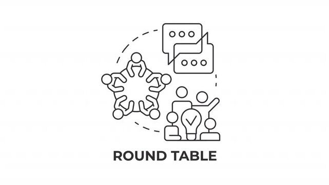 Round table line concept icon animation. Inclusive collaborative brainstorm session. Modern workspace community alignment. Animated outline round motion graphic. Minimal HD video with alpha channel