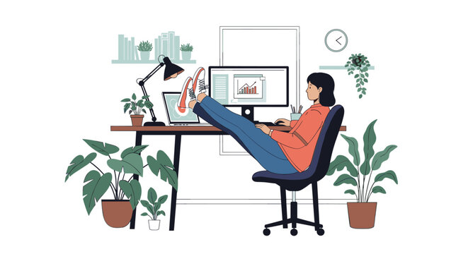 Relaxed young woman sitting at workspace desk with her feet on table, enjoying success or taking short break.