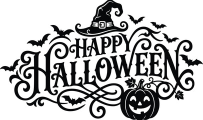 Vintage halloween typography with witch hat bats and jack o' lantern © rijvi