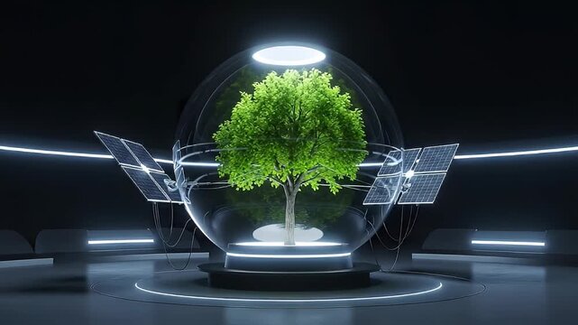 Green tree in futuristic glowing sphere with solar panels technology concept
