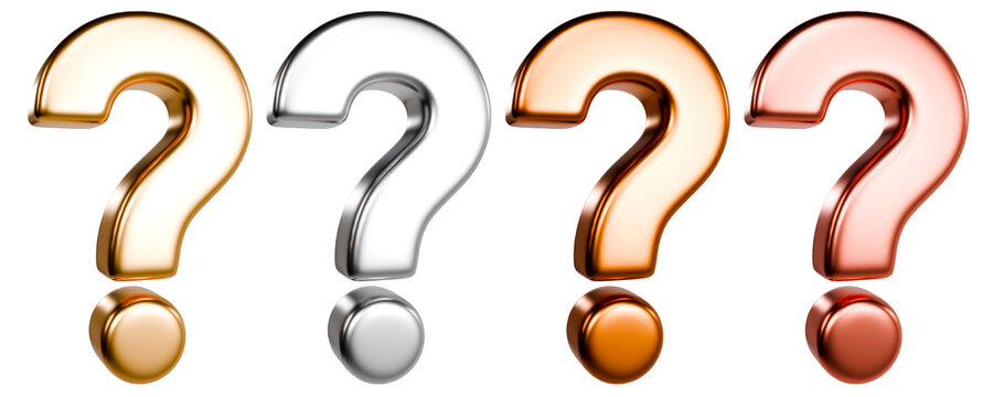 Four Metallic Question Marks Angled View Gold Silver Orange and Rose Gold Isolated Object