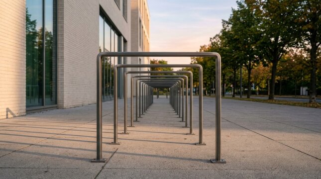 Empty outdoor bicycle rack in front of a modern building.