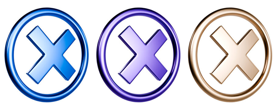 Three Metallic X Mark Circle Badges Angled View Isolated Object