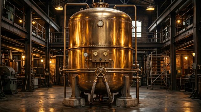 Large copper boiler tank in industrial steampunk factory.